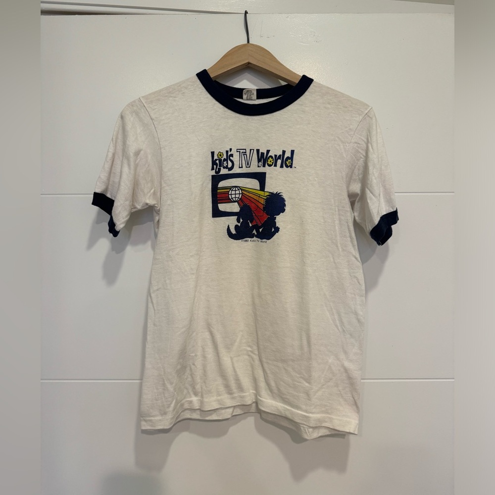 Vintage Retro Kids TV World Tee with Blue Collar and Bordered Sleeves